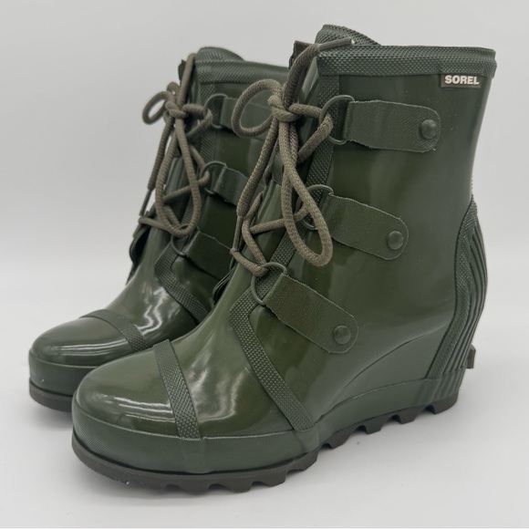 Sorel Shoes - New Sorel Joan Rain Wedge Boot Green Waterproof Rubber Lace Up Size 8.5 NWOB